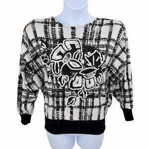 VINTAGE STEPHANIE BLACK & WHITE LRG PLAID SEQUIN FLORAL DOLMAN SLEEEVE TOP - M